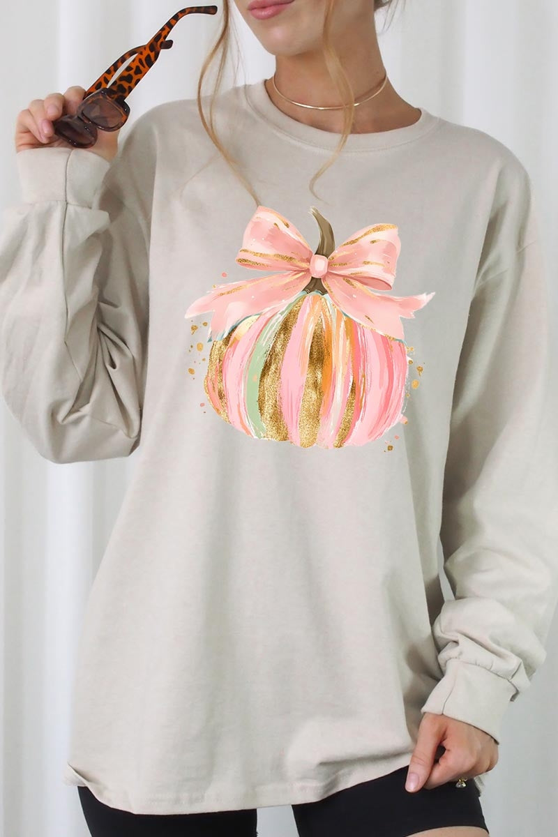 UL240-E3083 Brushstroke Pumpkin Graphic Long Sleeve Tee $13.75