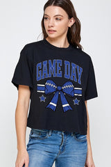 CTS-E3065 Blue Game Day Football Bow Graphic Crop Top $11