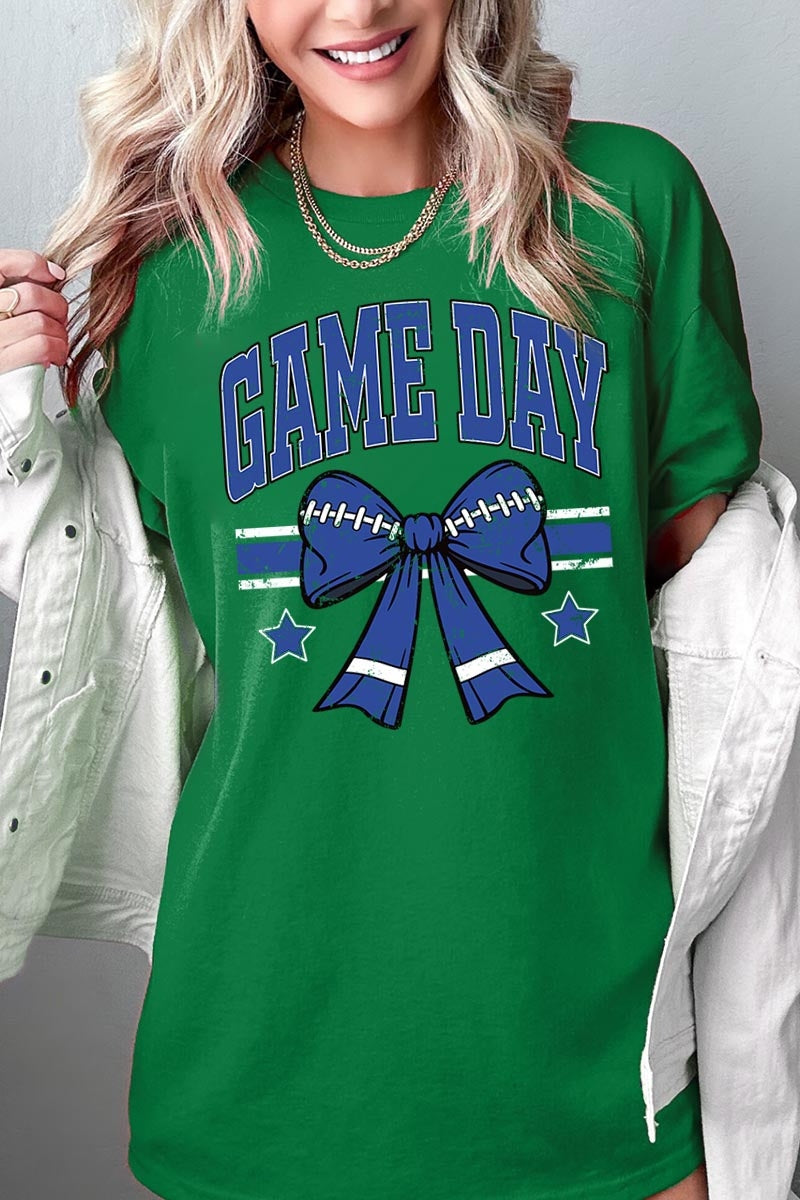 5000-E3065 Blue Football Bow Graphic Heavy Cotton Tee $9