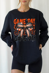 UL240-E3088 Orange Black Football Game Day Bow Long Sleeve Tee $13.75