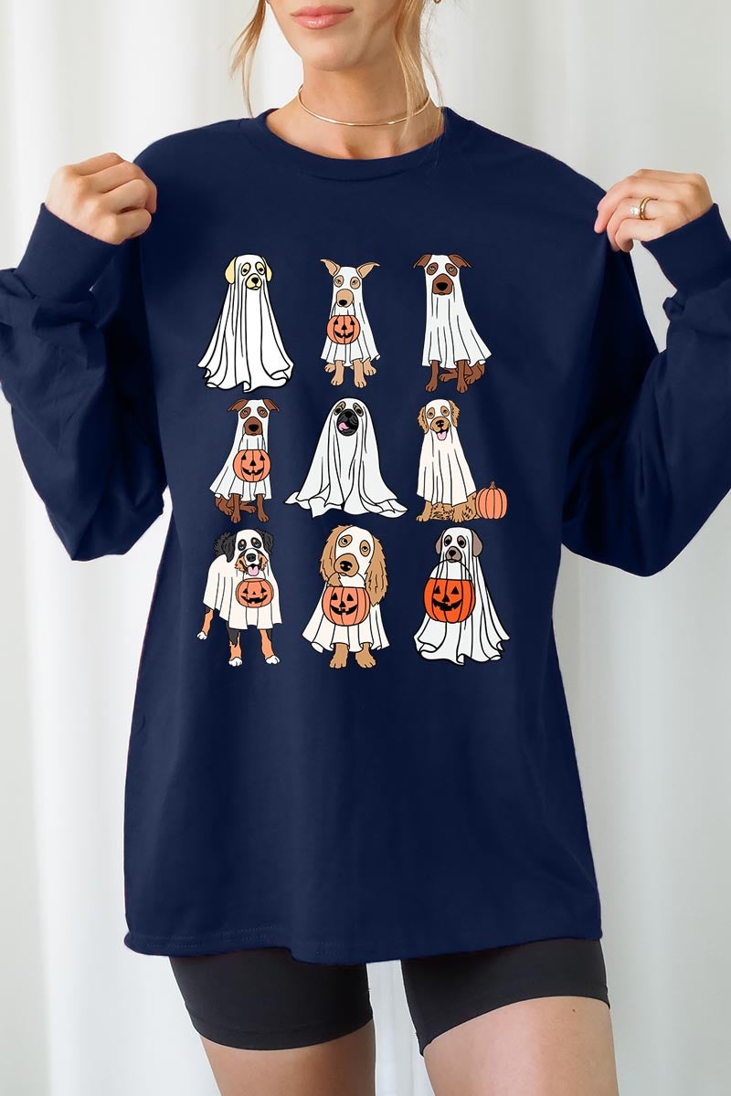 UL240-E3106 Halloween Ghost Dog Graphic Long Sleeve Tee $13.75