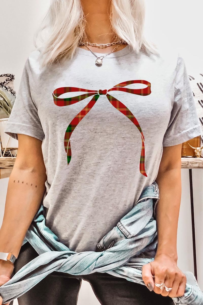 US3001-E3211 Red Bow Christmas Graphic Tee $12.5