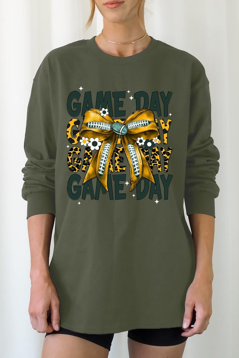 UL240-E3090 Yellow Football Game Day Bow Long Sleeve Tee $13.75