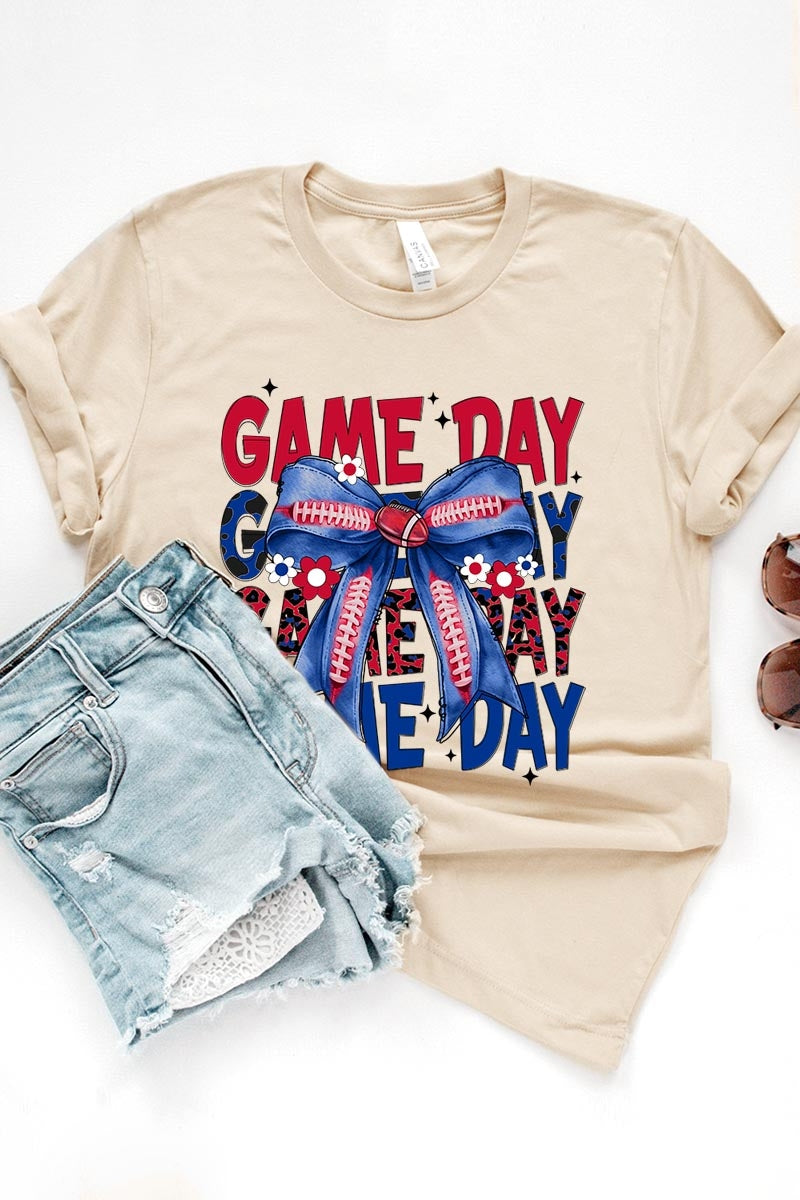 US3001P-E3087 Red Blue Football Game Day Bow Graphic Plus Tee $16