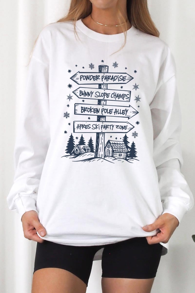 UL240-E3189 Ski Lodge Signs Graphic Long Sleeve Tee $13.75