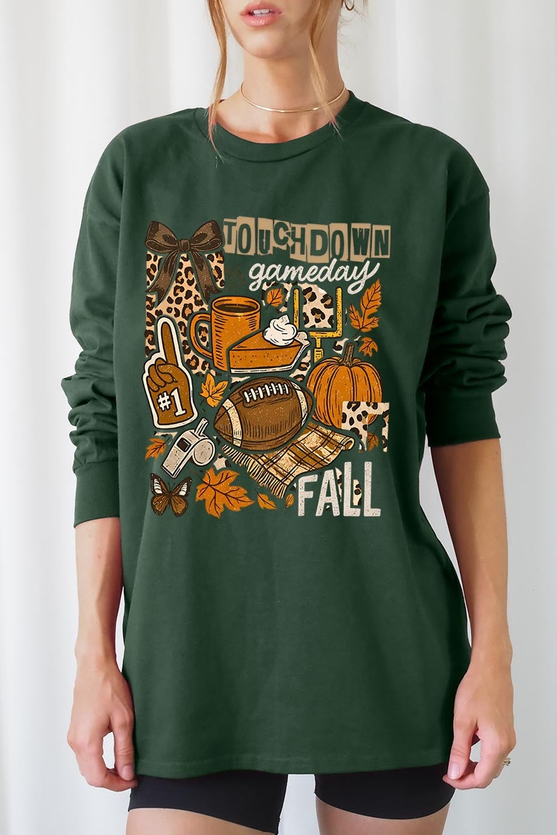 UL240-E3134 Fall Football Collage Graphic Long Sleeve Tee $13.75