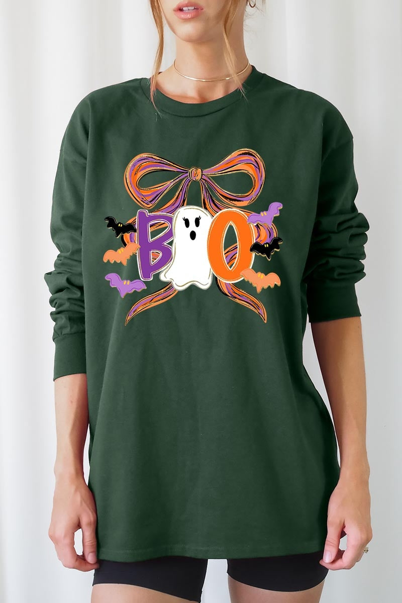 UL240-E3120 Boo Brushstroke Bow Graphic Long Sleeve Tee $13.75