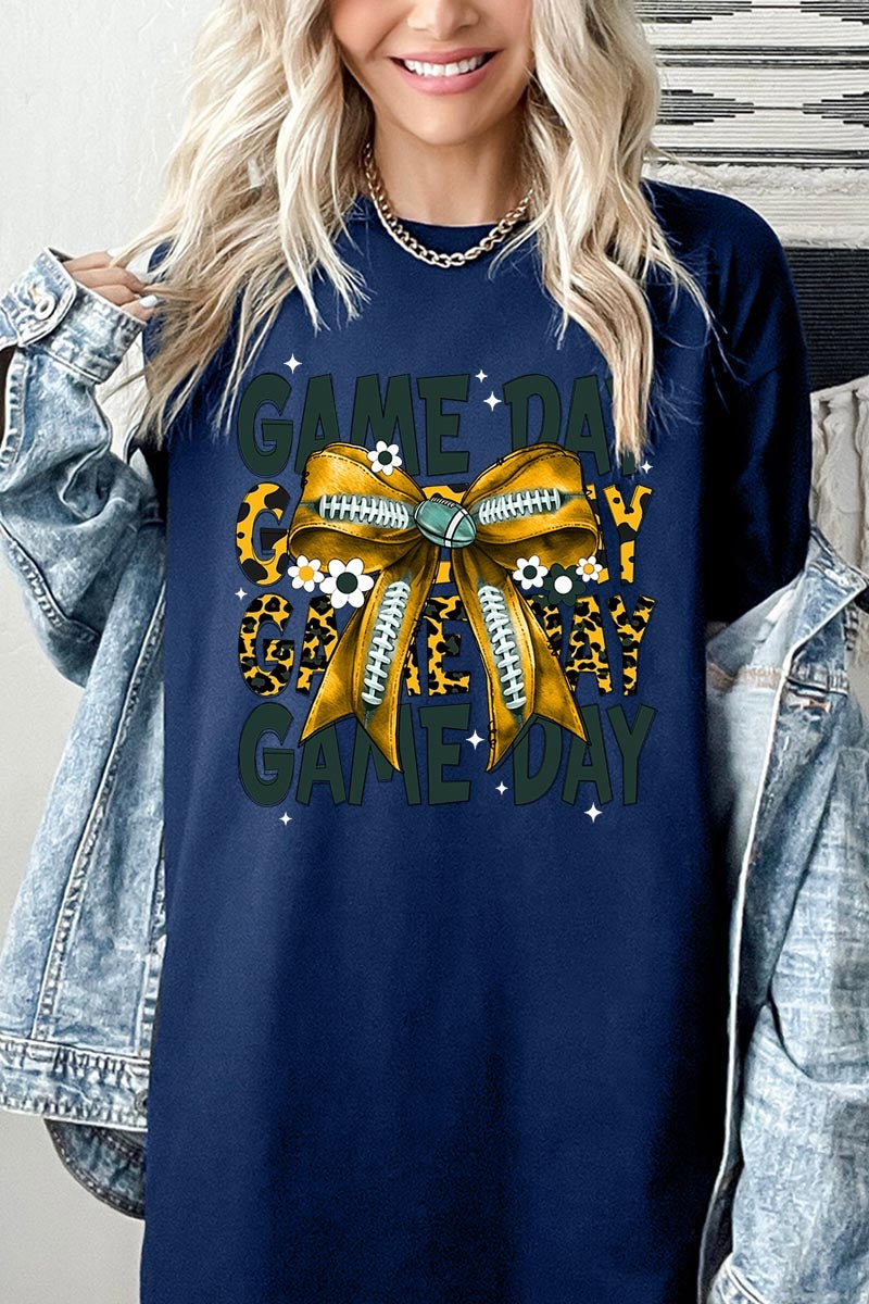 5000P-E3090 Yellow Football Game Day Bow Plus Heavy Cotton Tee $12.75