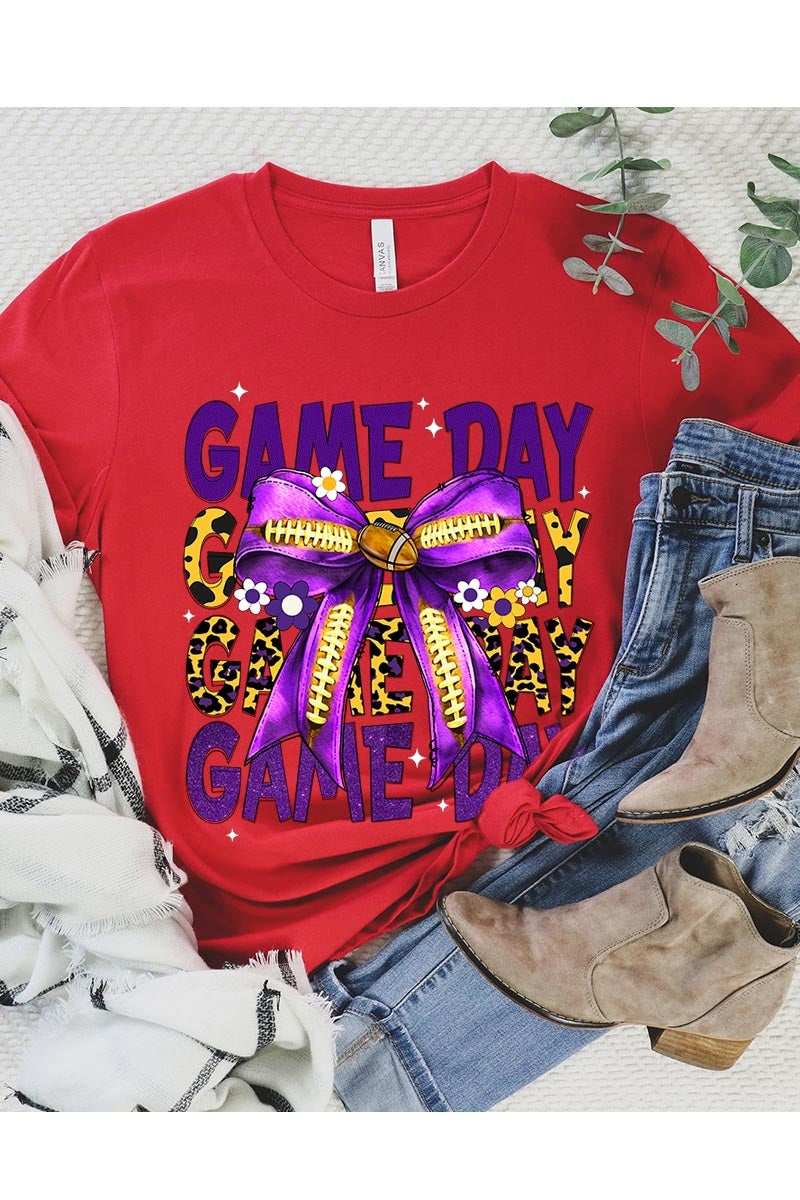 US3001-E3092 Purple Yellow Football Game Day Bow Graphic Tee $12.5