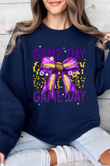 UL180P-E3092 Purple Yellow Football GameDay Bow Plus Sweatshirt $25