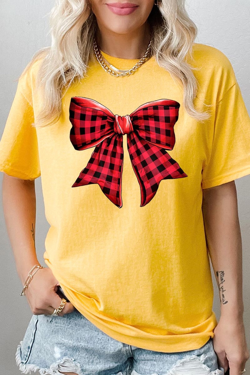 5000-E3198 Red Buffalo Plaid Bow Graphic Heavy Cotton Tee $9