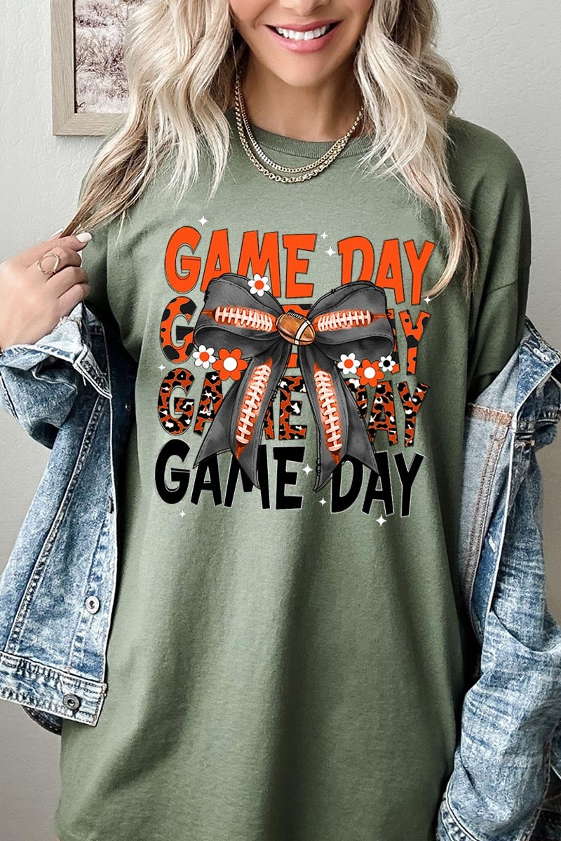 5000-E3088 Orange Black Football GameDay Bow Heavy Cotton Tee $9