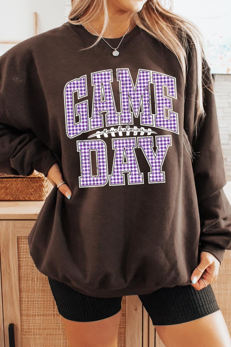 UL180P-E3127 Purple Gingham Game Day Graphic Plus Sweatshirt $25