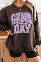UL180P-E3127 Purple Gingham Game Day Graphic Plus Sweatshirt $25