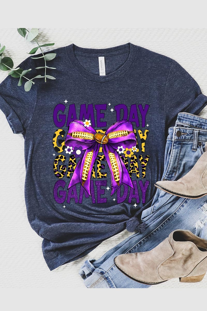 US3001-E3092 Purple Yellow Football Game Day Bow Graphic Tee $12.5