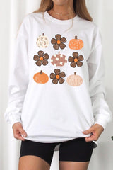UL240-E3117 Pumpkins & Flowers Fall Graphic Long Sleeve Tee $13.75