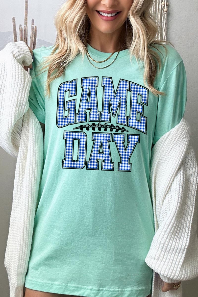 US3001P-E3130 Blue Gingham Game Day Graphic Plus Tee $16