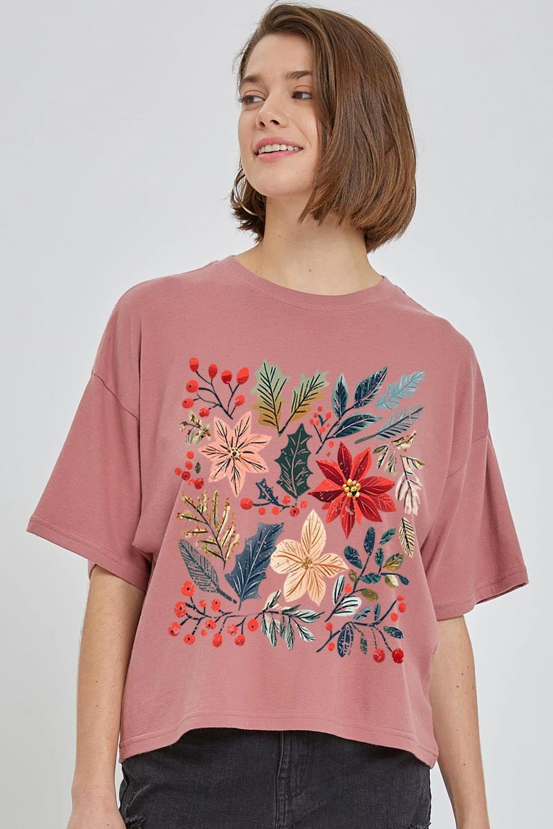 CTS-E3186 Floral Christmas Graphic Relaxed Crop Top $11