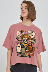 CTS-E3107 Spooky Western Skeleton Graphic Relaxed Crop Top $11