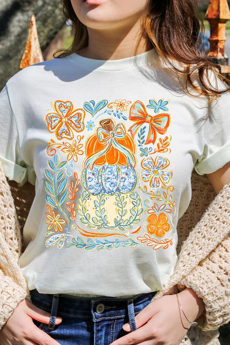 US3001P-E3153 Floral Pumpkin Stack Graphic Plus Tee $16