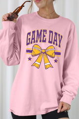 UL240P-E3063 Purple Game Day Football Bow Plus Long Sleeve Tee $17