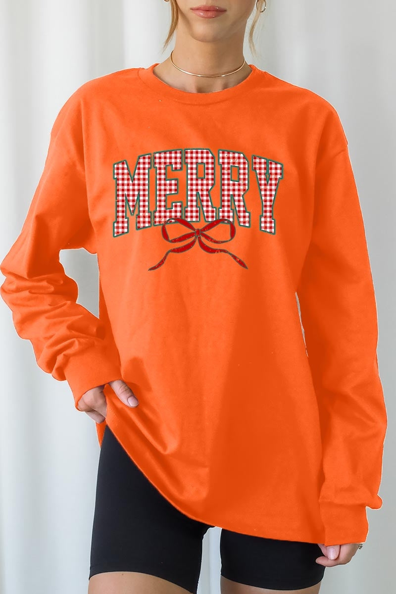 UL240-E3206 Plaid Merry Christmas Bow Graphic Long Sleeve Tee $13.75