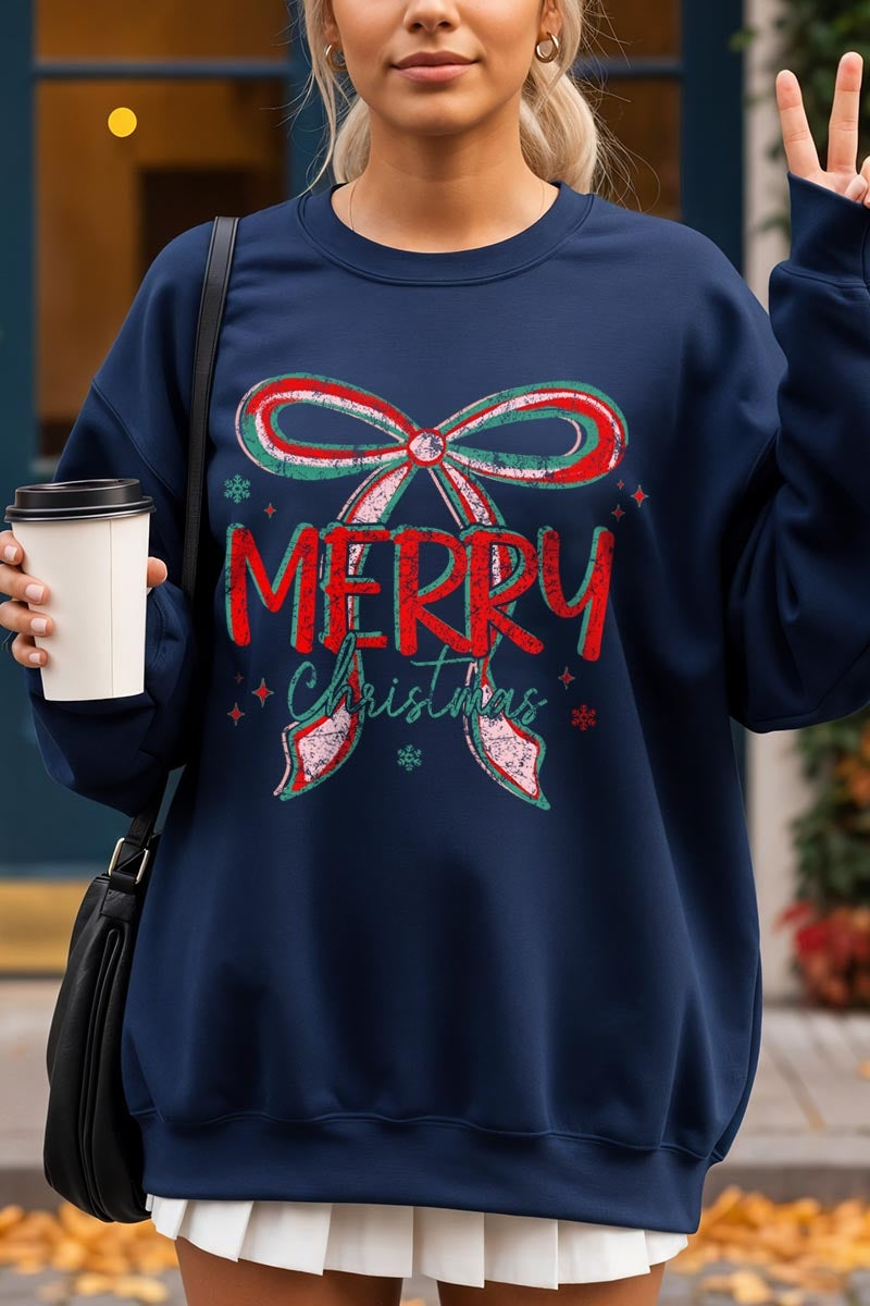 UL180P-E3197 Merry Christmas Bow Graphic Plus Sweatshirt $25