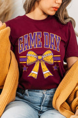 US3001-E3063 Purple Game Day Football Bow Graphic Tee $12.5
