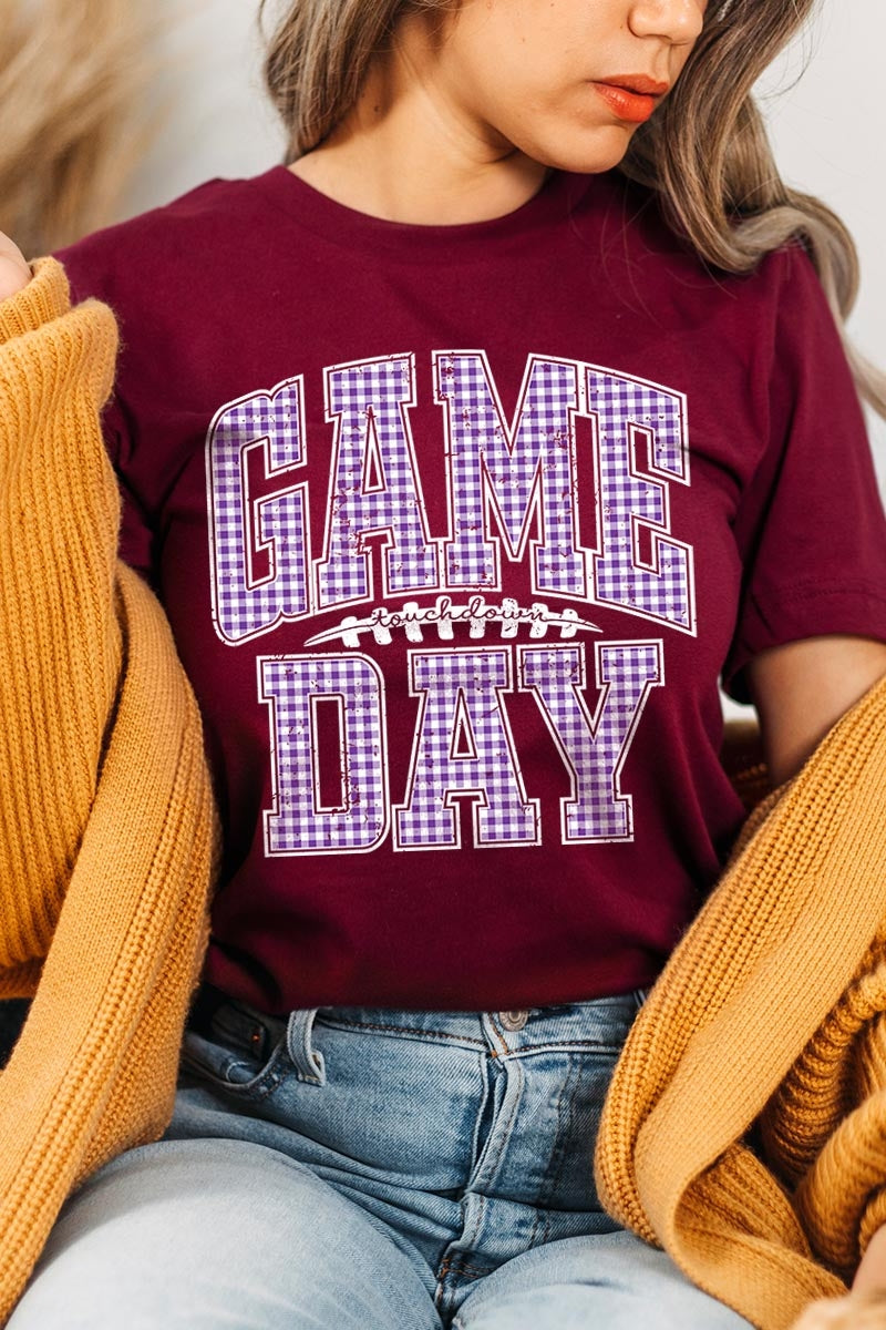 US3001-E3127 Purple Gingham Game Day Graphic Tee $12.5