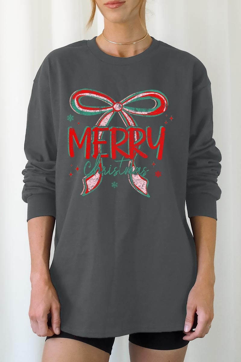 UL240P-E3197 Merry Christmas Bow Graphic Plus Long Sleeve Tee $17
