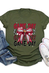 US3001-E3093 Red Silver Football Game Day Bow Graphic Tee $12.5