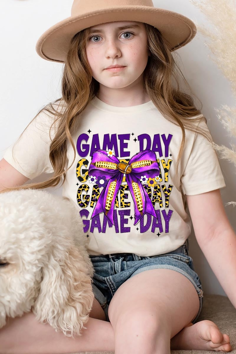 US3001Y-E3092Z Purple Yellow Football Game Day Bow Kids Tee $11