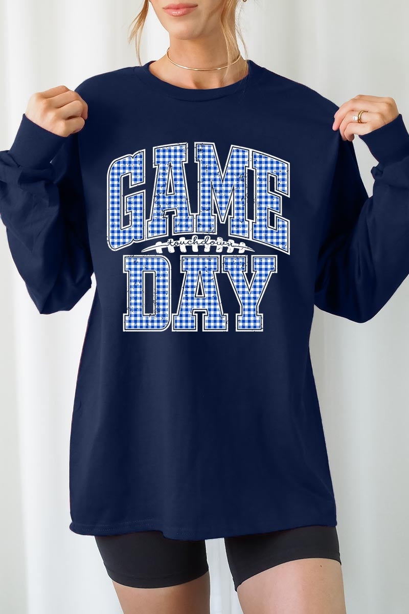 UL240P-E3130 Blue Gingham Game Day Graphic Plus Long Sleeve Tee $17