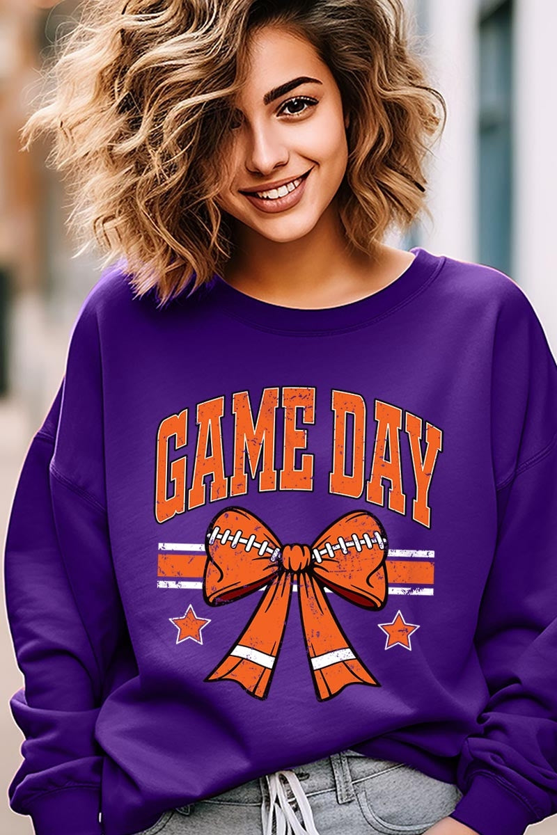 UL180P-E3064 Orange Game Day Football Bow Plus Sweatshirt $25