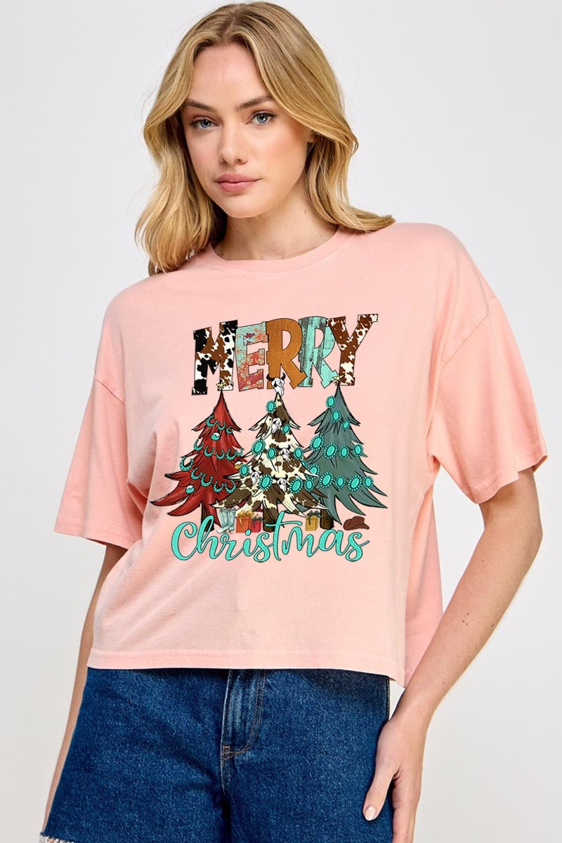 CTS-E3200 Merry Christmas Trees Graphic Relaxed Crop Top $11