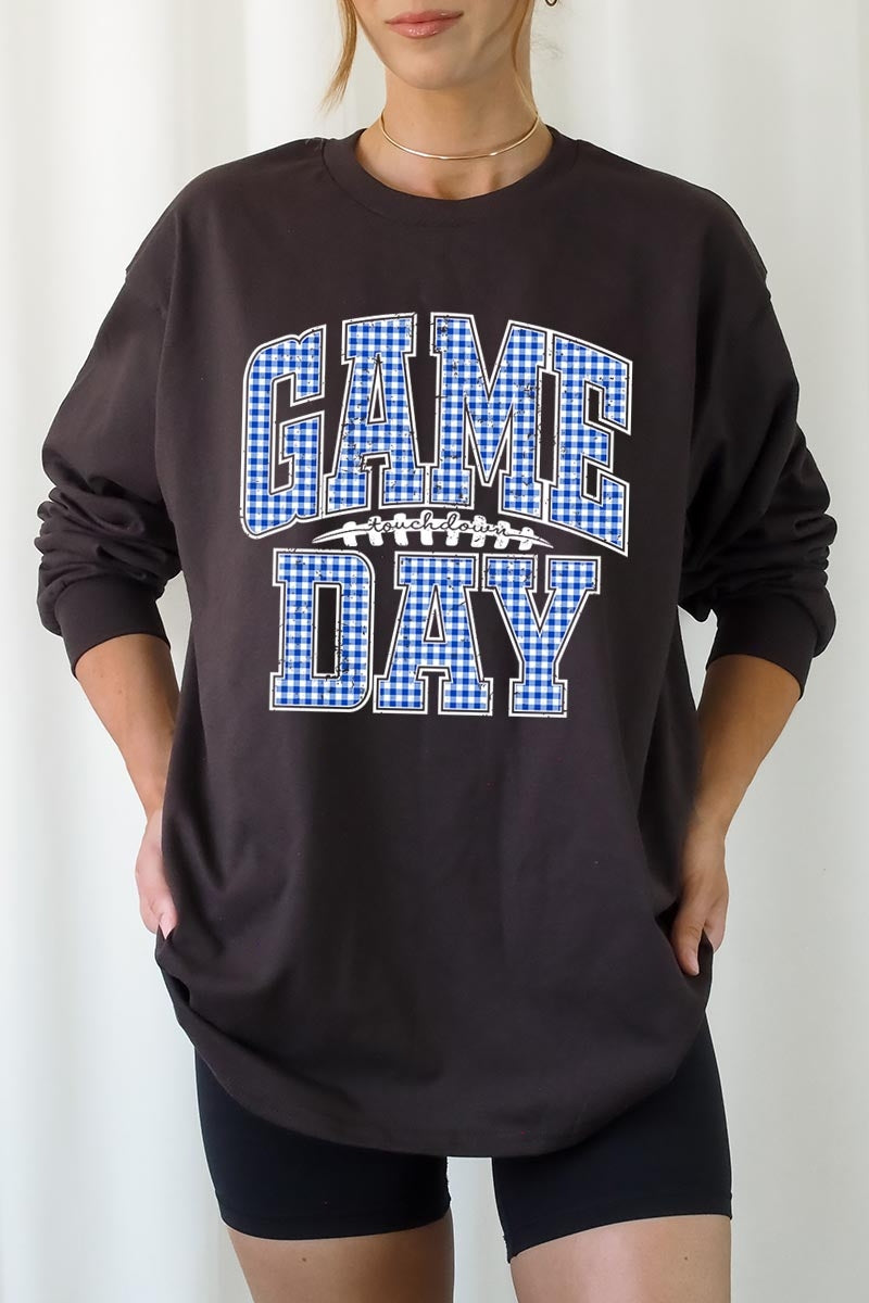 UL240-E3130 Blue Gingham Game Day Graphic Long Sleeve Tee $13.75