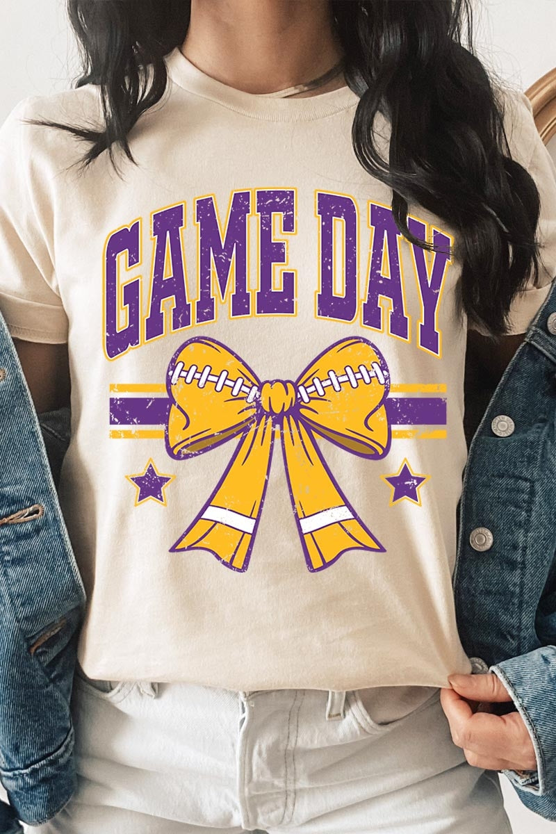US3001P-E3063 Purple Game Day Football Bow Graphic Plus Tee $16