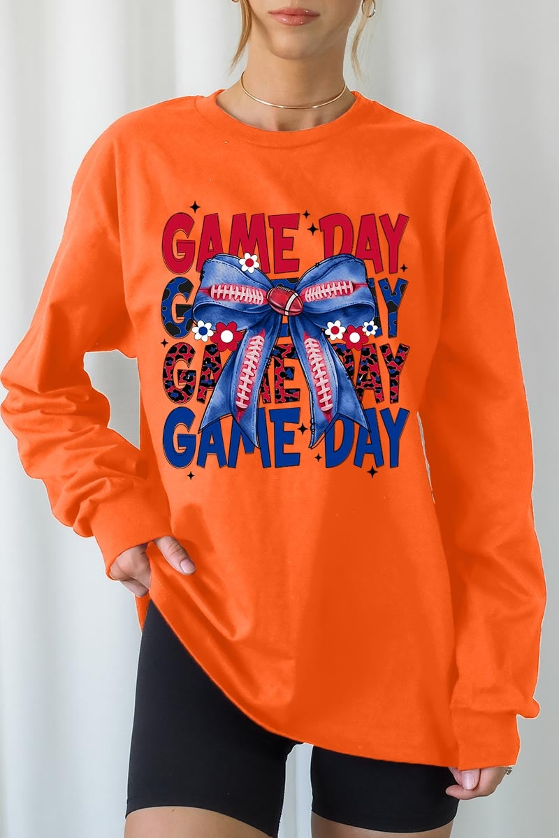 UL240P-E3087 Red Blue Football GameDay Bow Plus Long Sleeve Tee $17