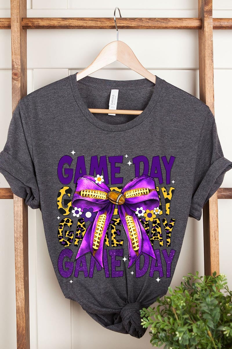 US3001-E3092 Purple Yellow Football Game Day Bow Graphic Tee $12.5
