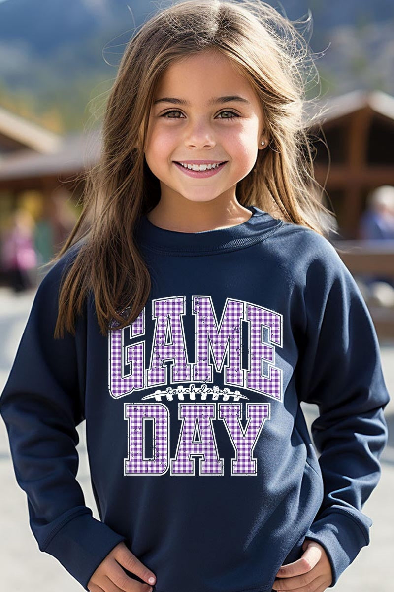 UL180B-E3127Z Purple Gingham Game Day Kids Graphic Sweatshirt $20