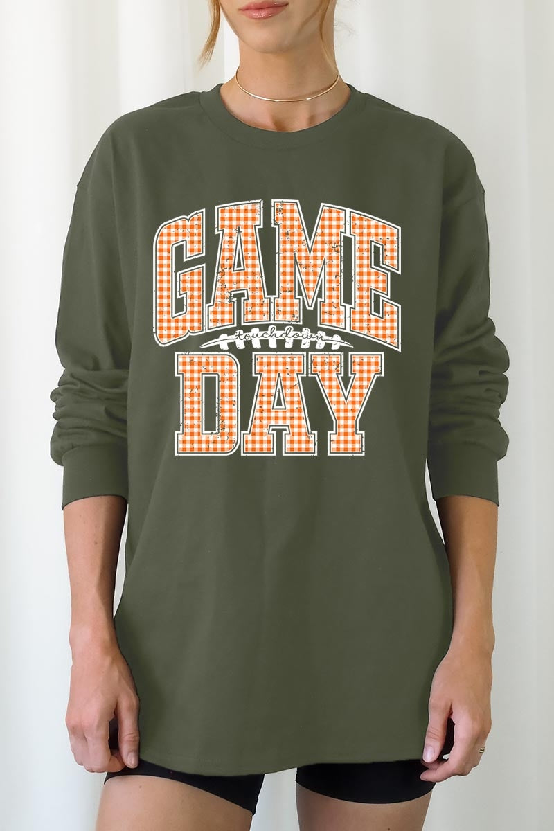 UL240-E3129 Orange Gingham Game Day Graphic Long Sleeve Tee $13.75