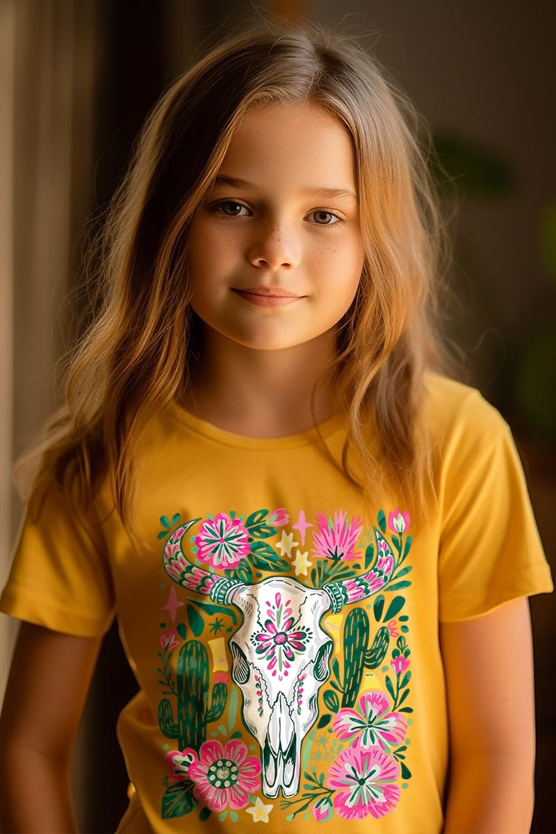 US3001Y-E3086Z Western Floral Cow Skull Kids Graphic Tee $11