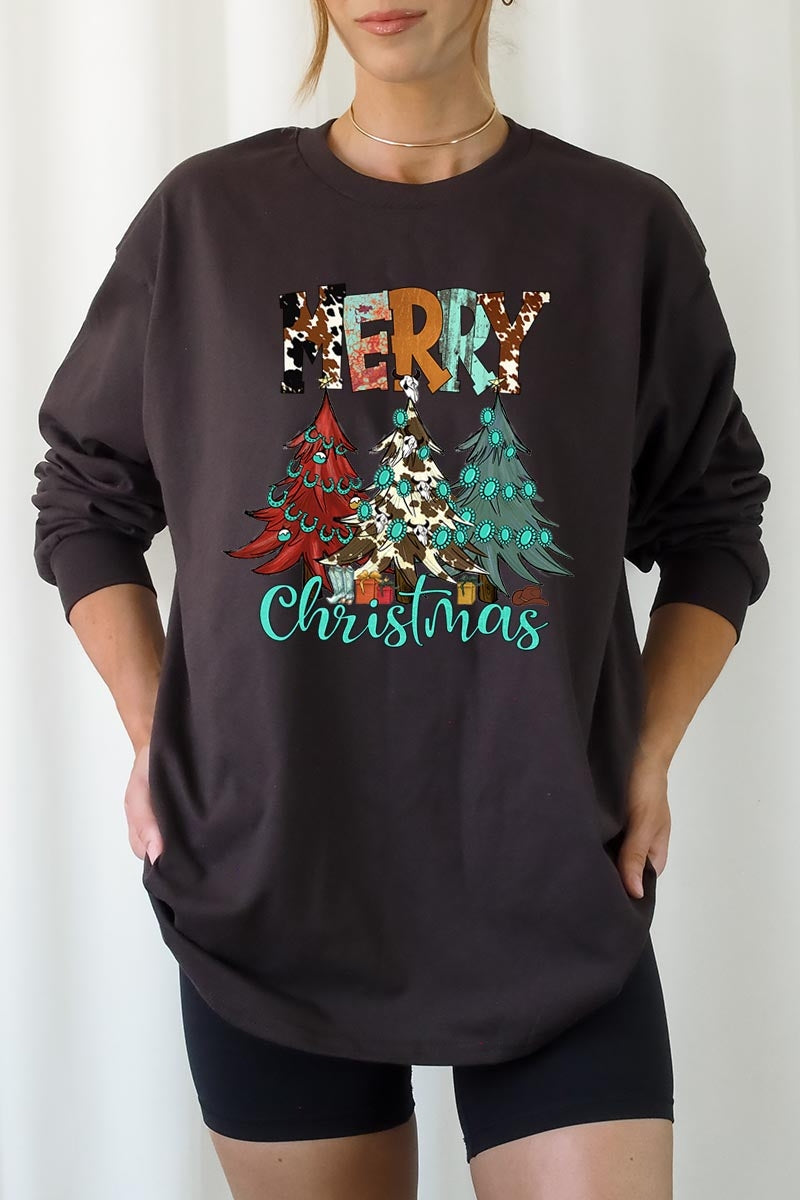 UL240P-E3200 Merry Christmas Trees Graphic Plus Long Sleeve Tee $17