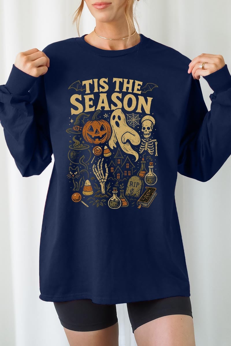 UL240-E3125 Tis The Season Halloween Graphic Long Sleeve Tee $13.75