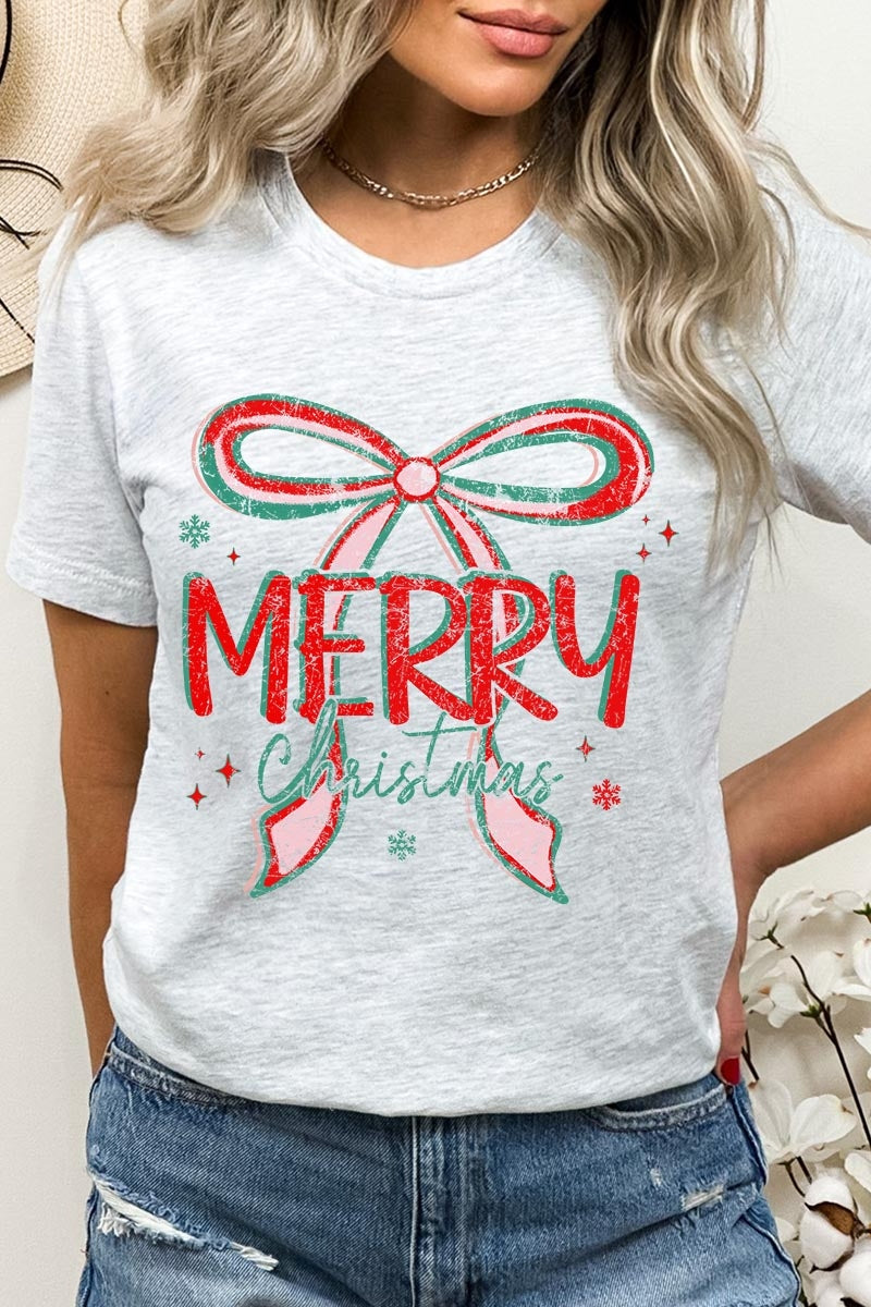 US3001P-E3197 Merry Christmas Bow Graphic Plus Tee $16