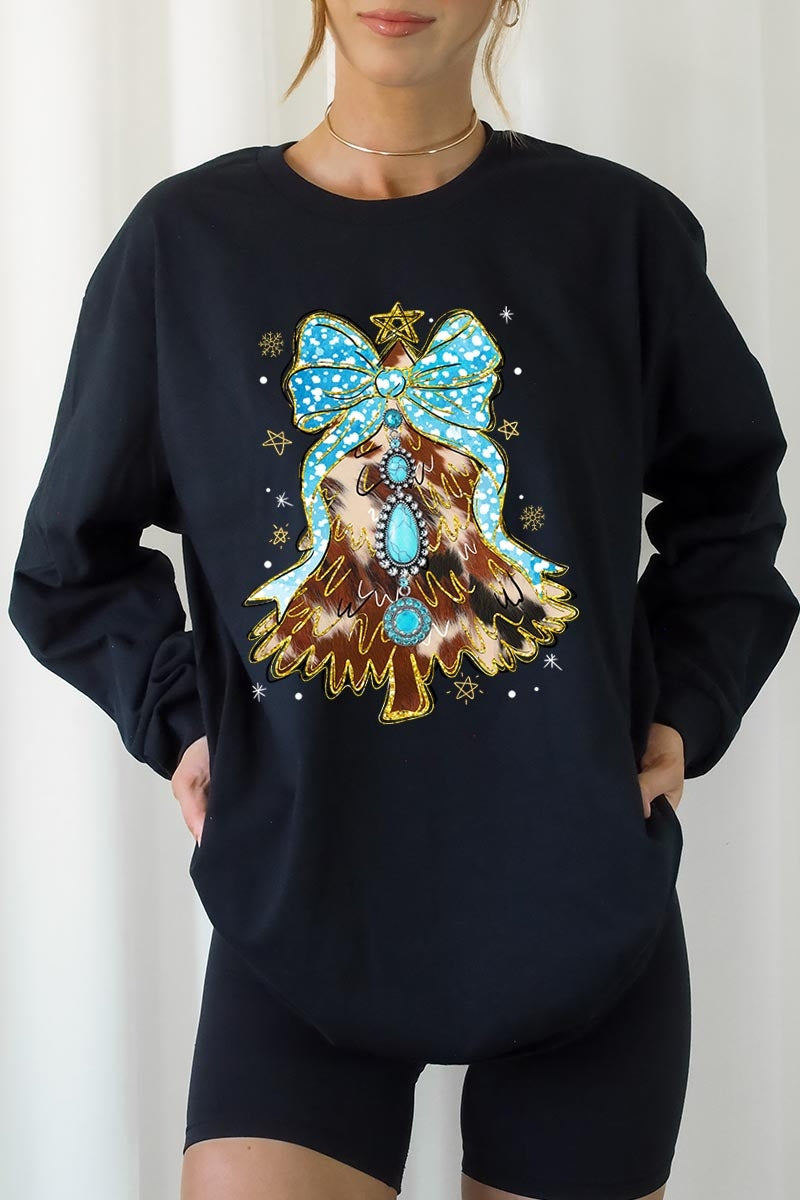 UL240-E3184 Turquoise Christmas Tree Graphic Long Sleeve Tee $13.75