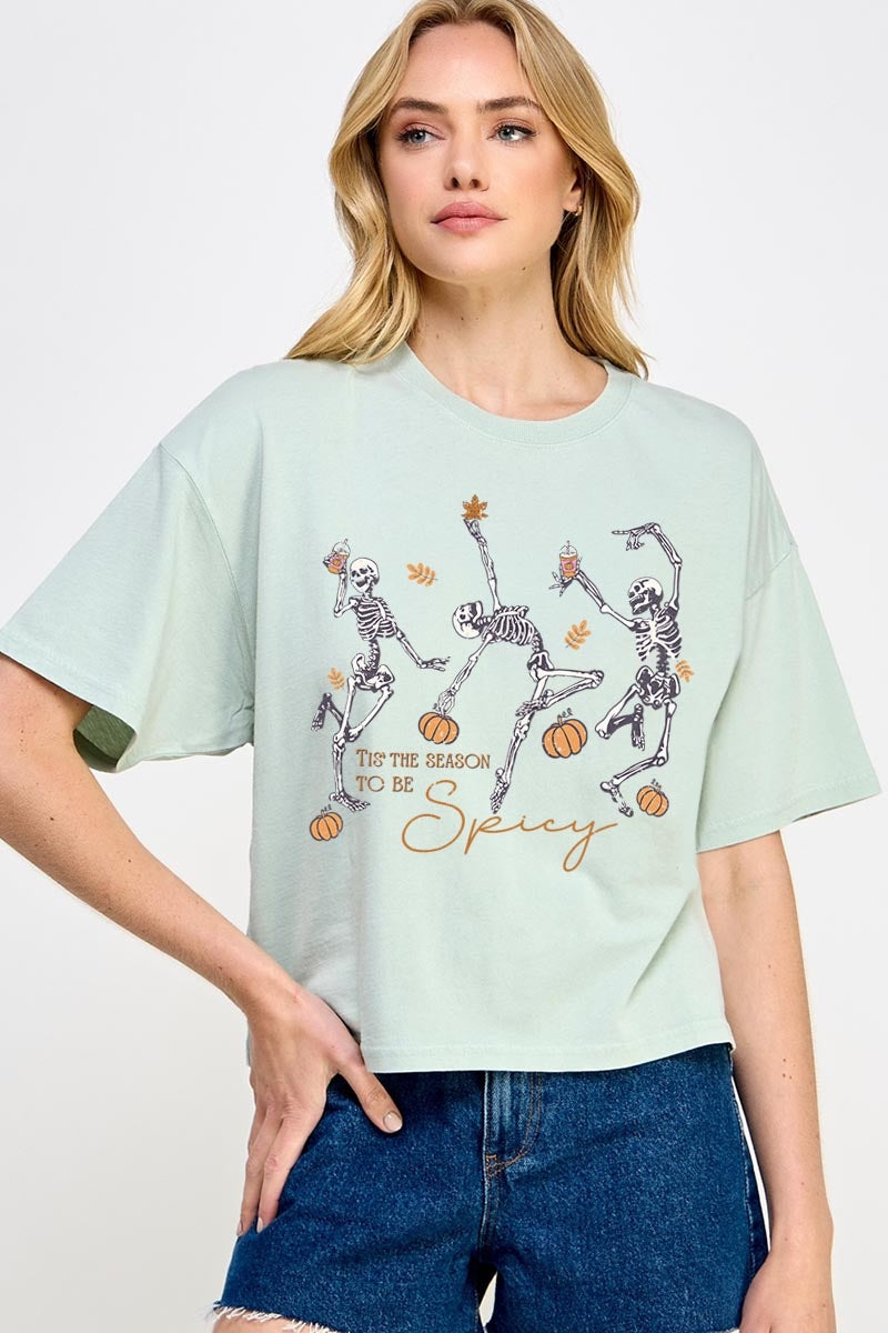 CTS-E3123 Halloween Skeleton Graphic Relaxed Crop Top $11