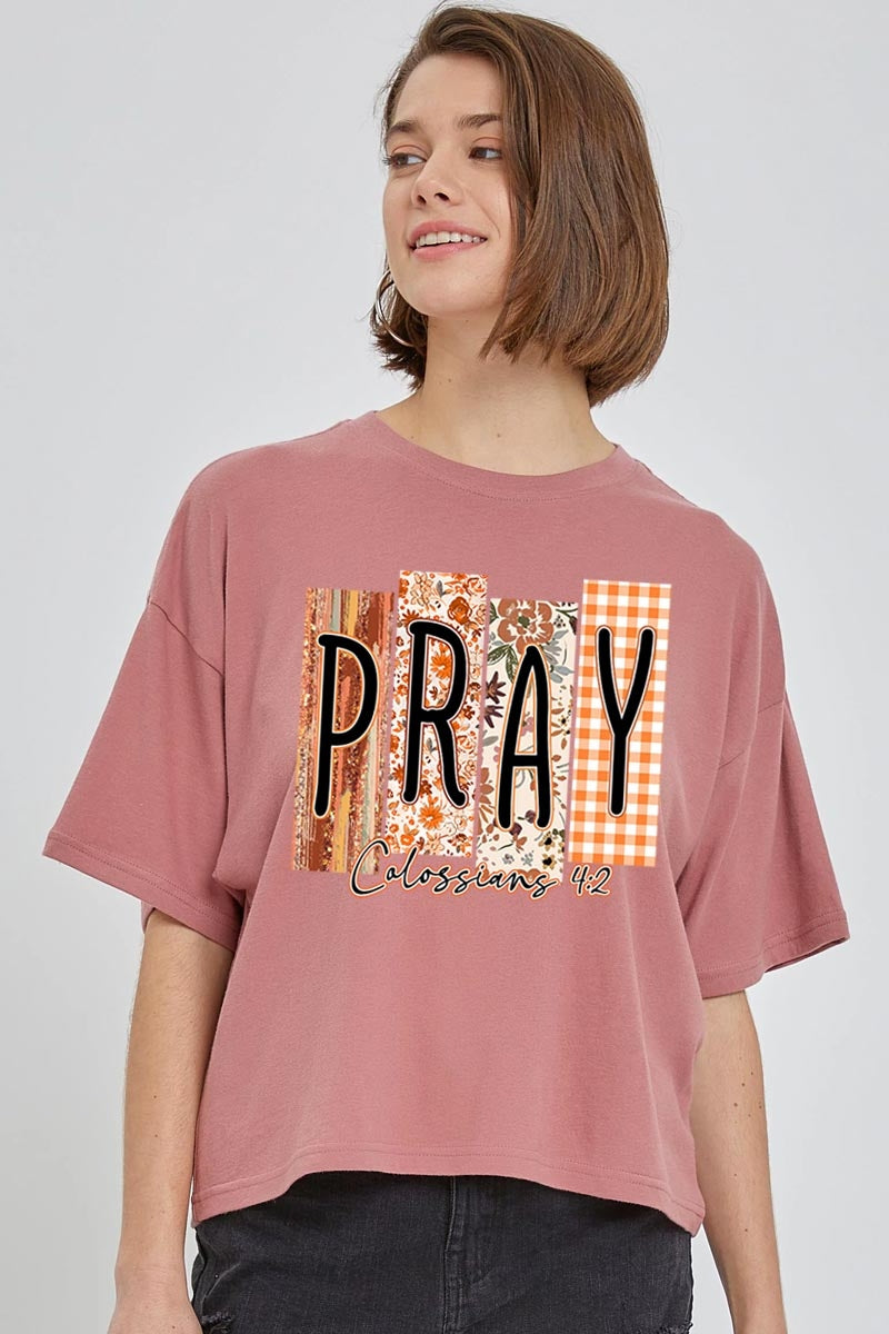 CTS-E3166 Pray Fall Christian Graphic Relaxed Crop Top $11
