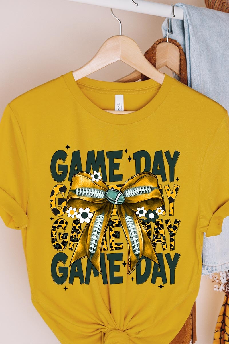 US3001P-E3090 Yellow Football Game Day Bow Graphic Plus Tee $16