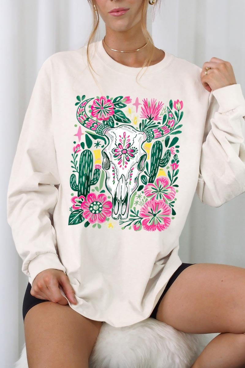 UL240-E3086 Western Floral Cow Skull Graphic Long Sleeve Tee $13.75